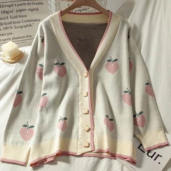 Cardigan sweater peach print khaki vneck button down womens cute - Picture 3 of 3